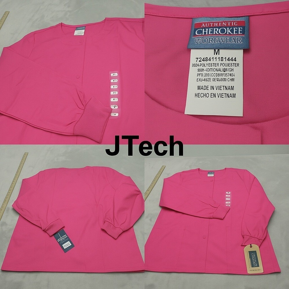 Cherokee Workwear Scrub Shirt Womens Medium Pink Oversized Snap Long Sleeve NEW